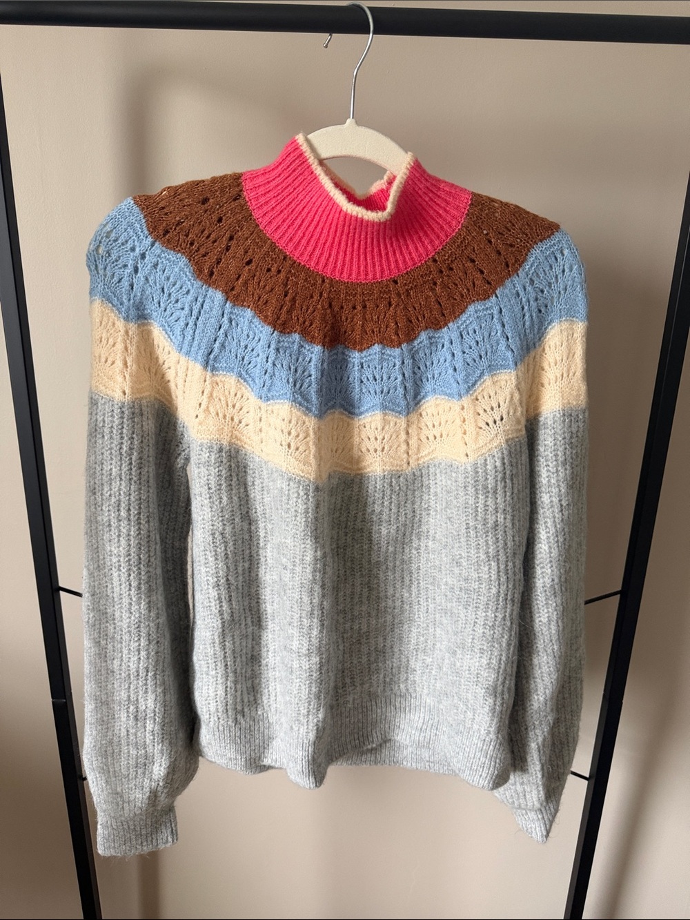 Maurices Colorblock Mock Neck Sweater in Gray, Brown, Blue, Cream & Pink